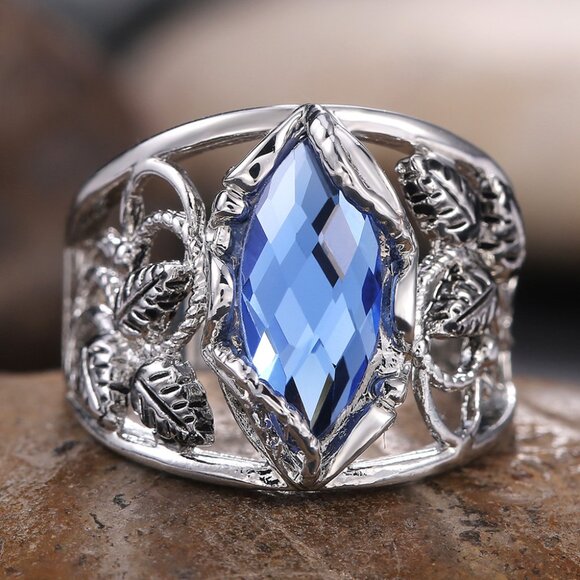 Double Layer Blue Marquis Carved Zircon Vintage Rings for Women, PD011 - Picture 1 of 9